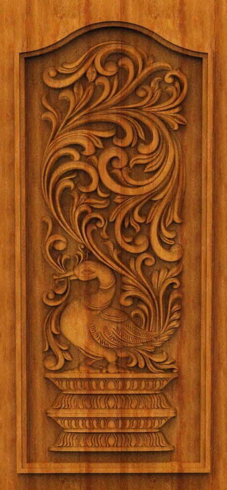 3D DOOR - OAK-95 Traditional Indian Hamsa Motif Carved Wood Panel
